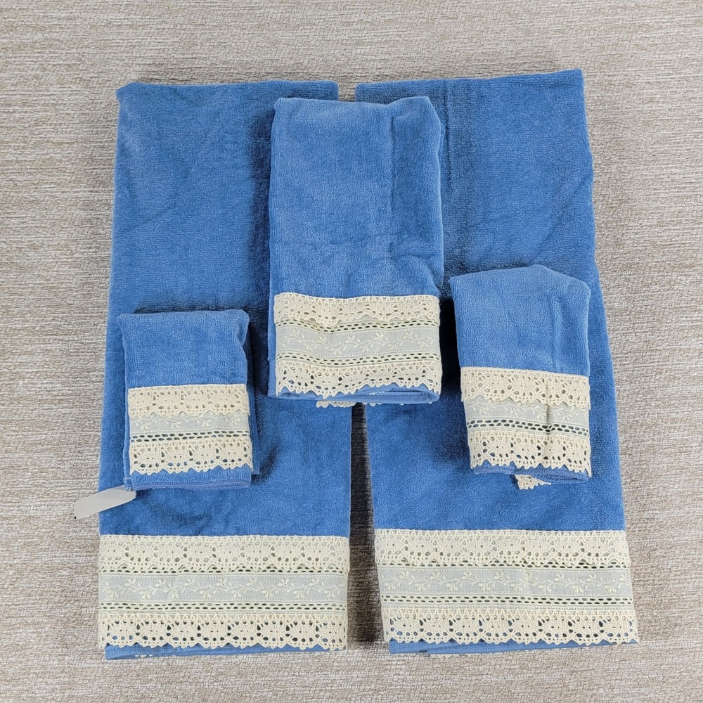 Caldwell Tara Towel Set 5 Pc Blue Crochet Lace Trim Eyelet Cottagecore NWT
